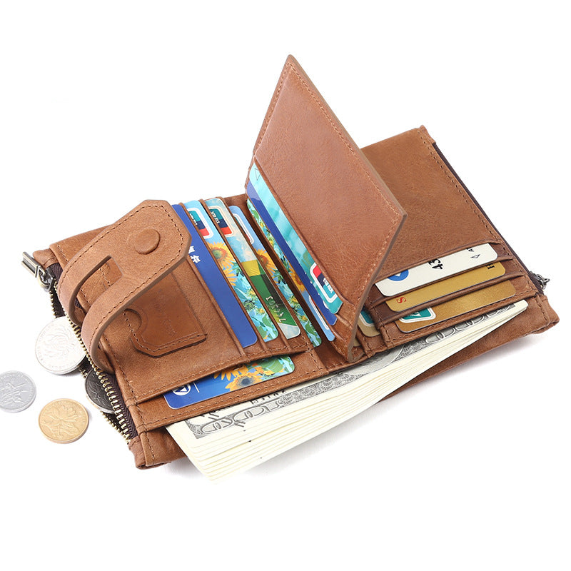 Casual fashion double zipper multi card slot retro coin purse men's genuine leather wallet